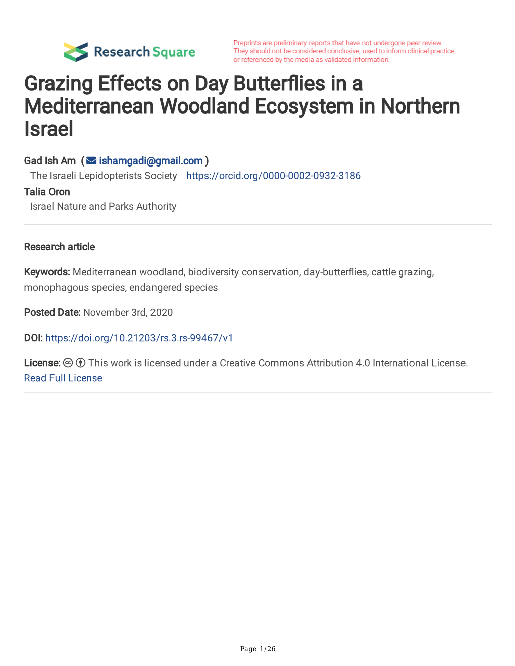 Grazing Effects on Day Butter Ies in a Mediterranean Woodland Ecosystem in Northern Israel