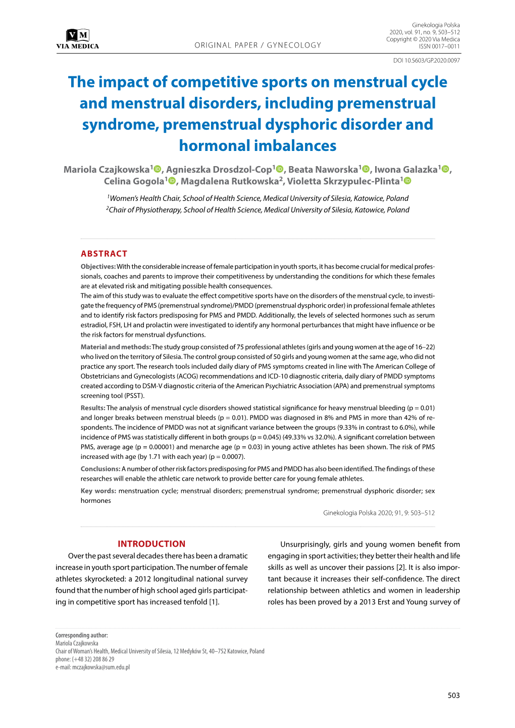 The Impact of Competitive Sports on Menstrual Cycle and Menstrual Disorders, Including Premenstrual Syndrome, Premenstrual Dysphoric Disorder and Hormonal Imbalances