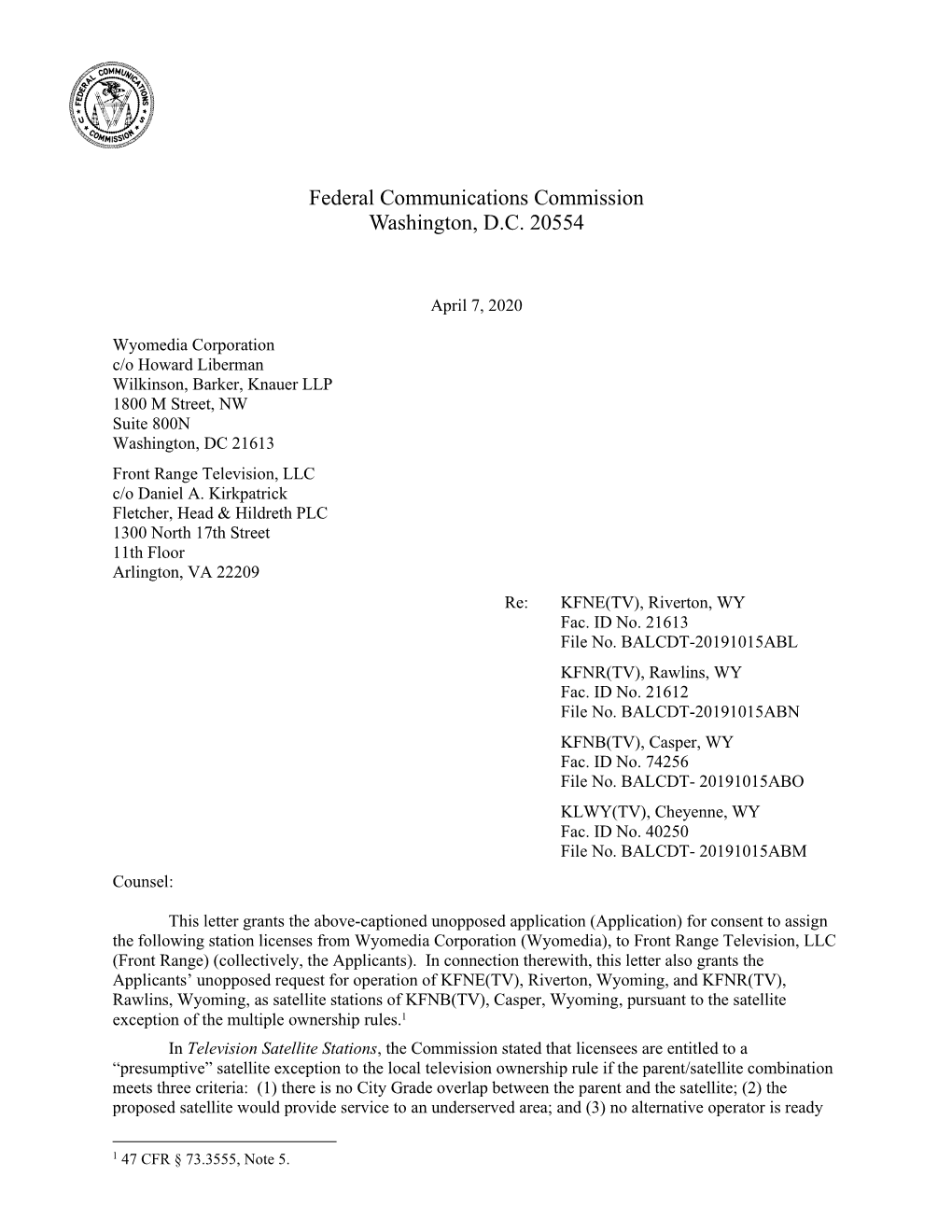 Federal Communications Commission Washington, D.C. 20554