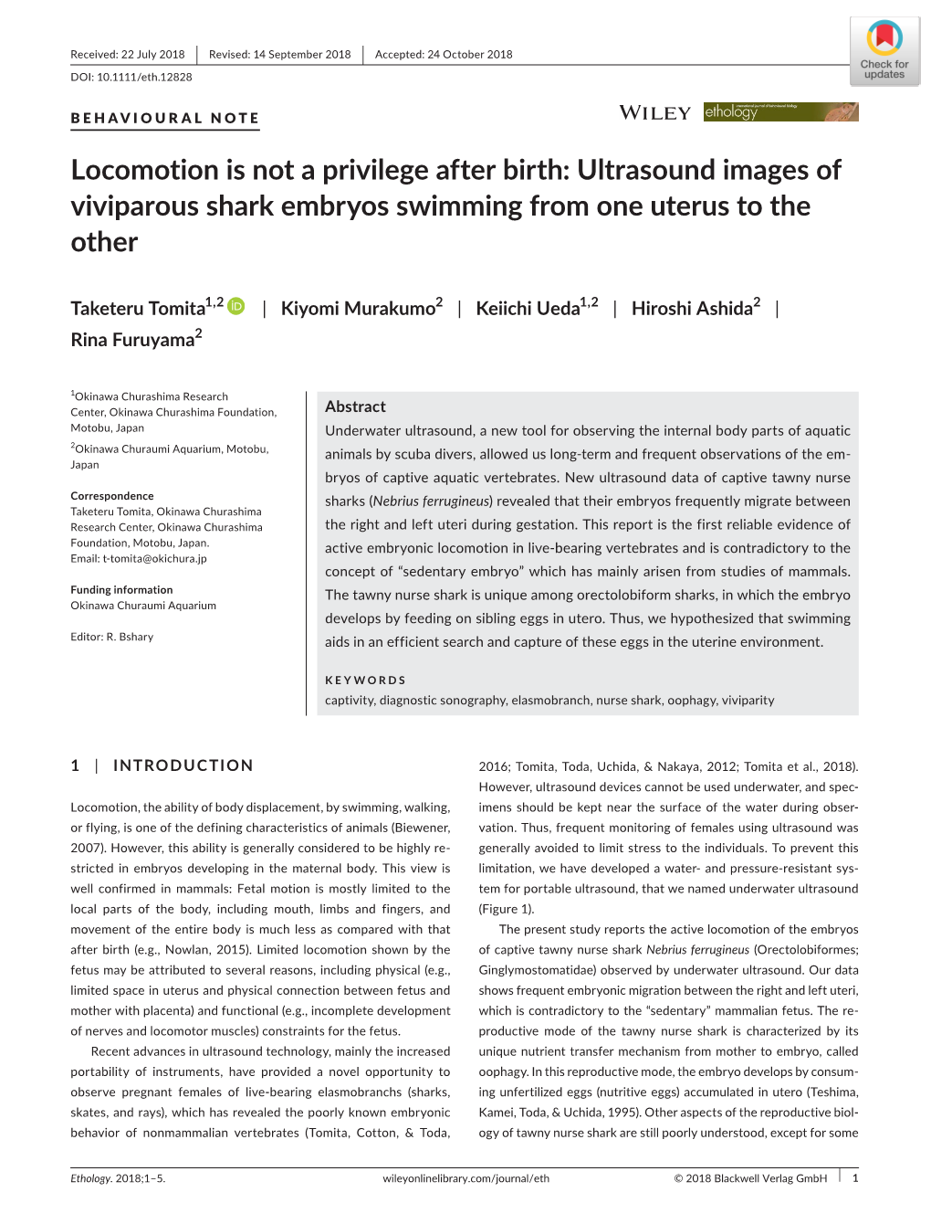 Locomotion Is Not a Privilege After Birth: Ultrasound Images of Viviparous Shark Embryos Swimming from One Uterus to the Other