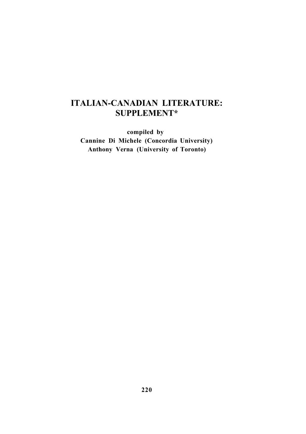 Italian-Canadian Literature: Supplement*