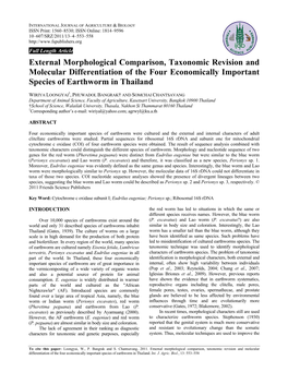 External Morphological Comparison, Taxonomic Revision and Molecular Differentiation of the Four Economically Important Species of Earthworm in Thailand