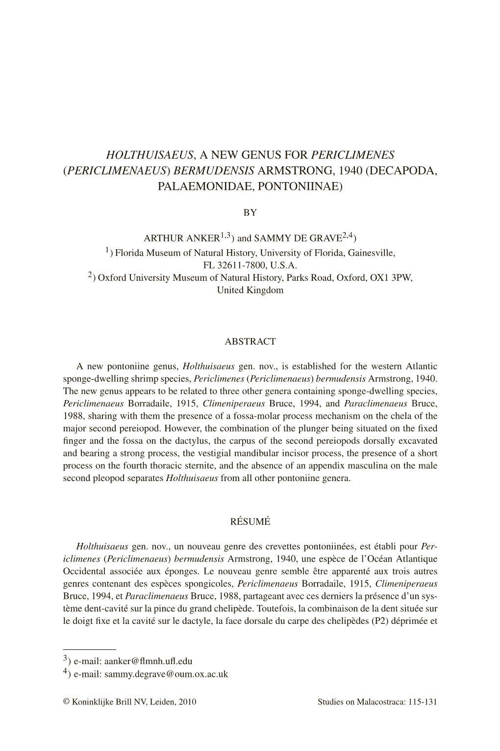 Holthuisaeus, a New Genus for Periclimenes (Periclimenaeus) Bermudensis Armstrong, 1940 (Decapoda, Palaemonidae, Pontoniinae)