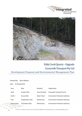 Eddy Creek Quarry – Upgrade Cresswells Transport Pty Ltd Development Proposal and Environmental Management Plan