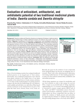 Evaluation of Antioxidant, Antibacterial, and Antidiabetic Potential of Two Traditional Medicinal Plants of India: Swertia Cordata and Swertia Chirayita