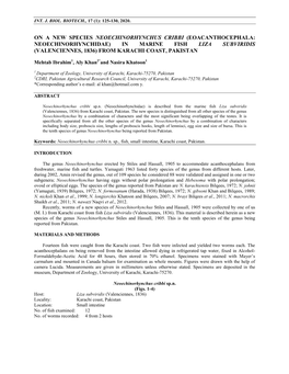 On a New Species Neoechinorhynchus Cribbi (Eoacanthocephala: Neoechinorhynchidae) in Marine Fish Liza Subviridis (Valenciennes, 1836) from Karachi Coast, Pakistan