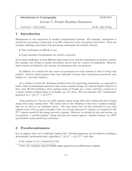Lecture 7: Pseudo Random Generators 1 Introduction 2