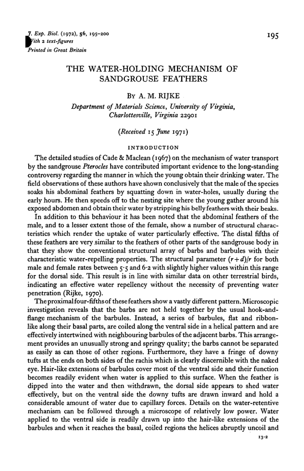 The Water-Holding Mechanism of Sandgrouse Feathers by A