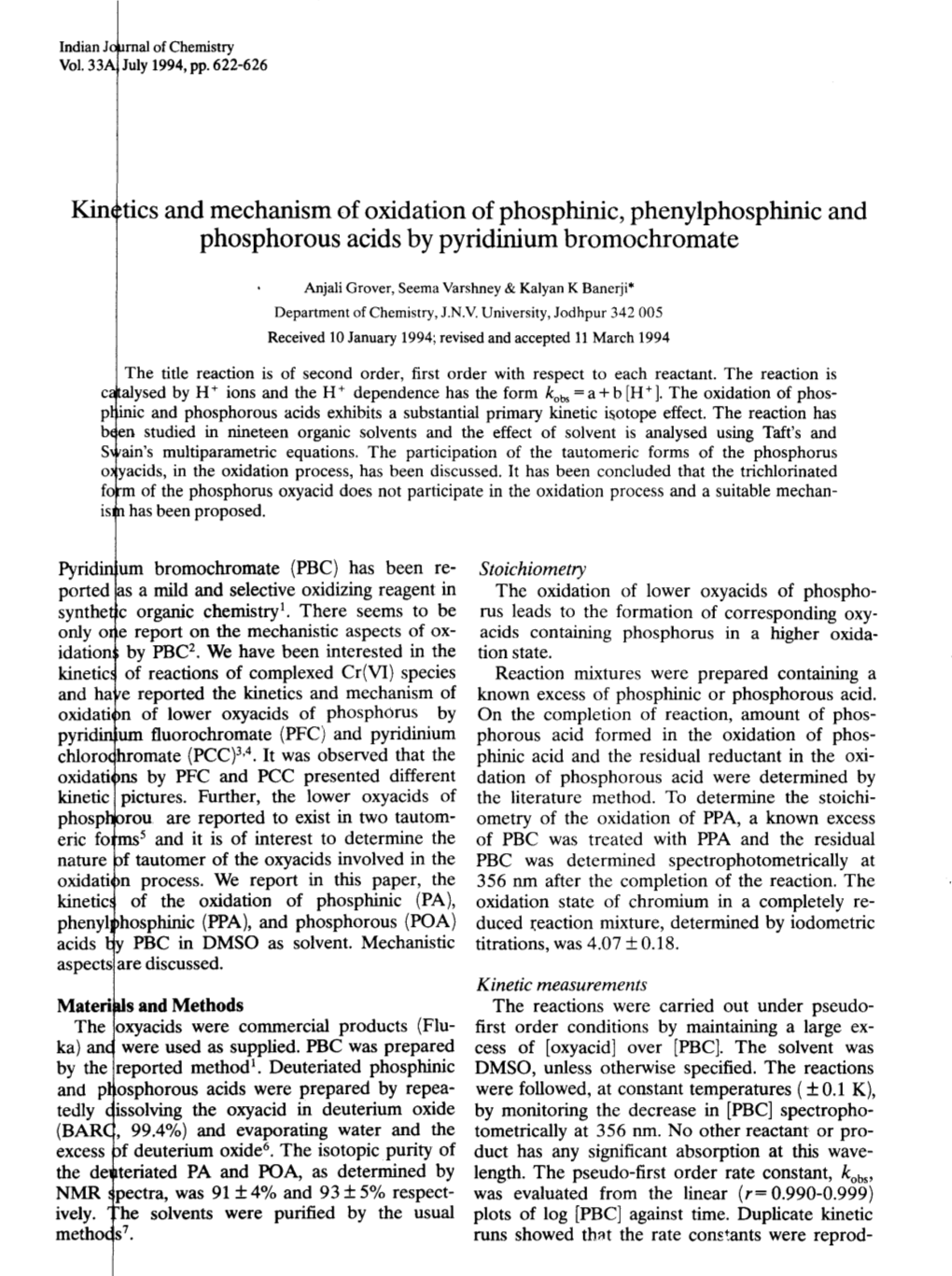 Kin~Tics and Mechanism of Oxidation of Phosphinic, Phenylphosphinic and Phosphorous Acids by Pyridinium Bromochromate