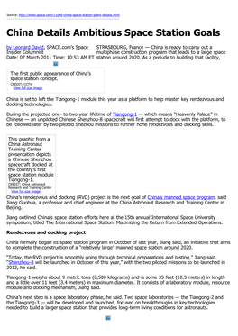 China Details Ambitious Space Station Goalsby Leonard David, SPACE.Com's Space Insider Columnistdate: 07 March 2011 Time: 10:5