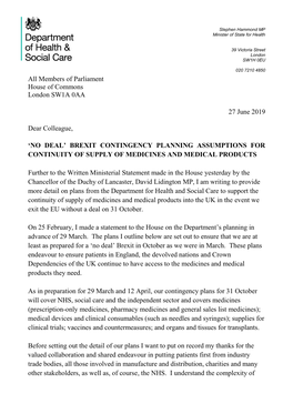 All Members of Parliament House of Commons London SW1A 0AA 27 June 2019 Dear Colleague, 'NO DEAL' BREXIT CONTINGENCY PLANNIN