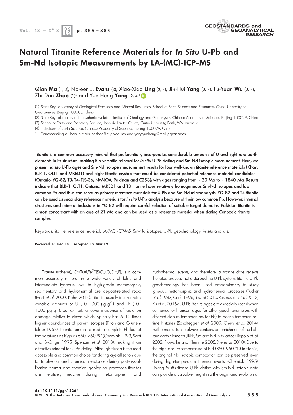 Natural Titanite Reference Materials for in Situ U‐Pb and Sm‐Nd Isotopic Measurements by LA‐(MC)‐ICP‐MS