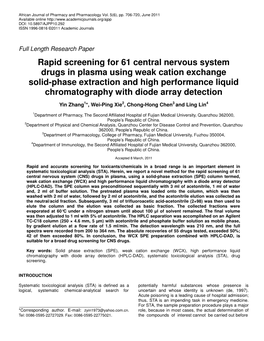 Rapid Screening for 61 Central Nervous System Drugs in Plasma