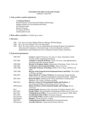 Curriculum Vitae (Brown University Format) Updated 21 April 2021