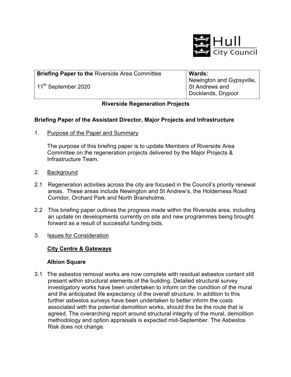 Briefing Paper to the Riverside Area Committee