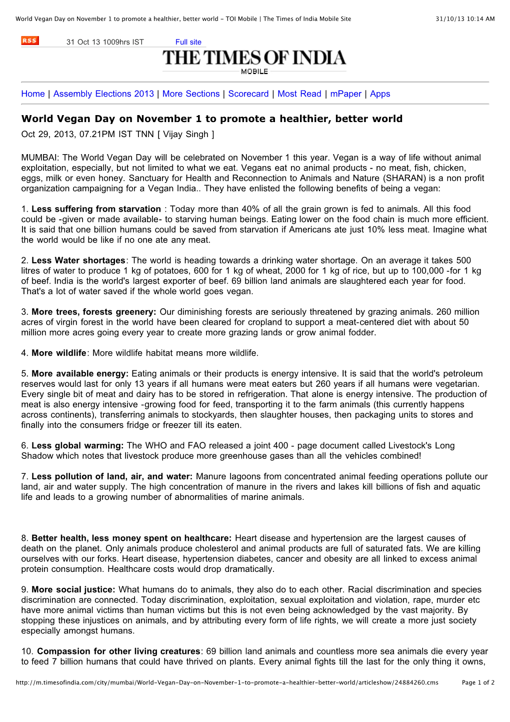 World Vegan Day on November 1 to Promote a Healthier, Better World - TOI Mobile | the Times of India Mobile Site 31/10/13 10:14 AM