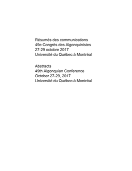 Résumés Des Communications 49E Congrès Des Algonquinistes 27-29 Octobre 2017 Université Du Québec À Montréal