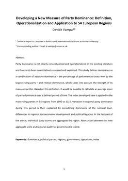 Developing a New Measure of Party Dominance: Definition, Operationalization and Application to 54 European Regions Davide Vampa1*