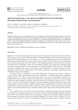 Apheloria Polychroma, a New Species of Millipede from the Cumberland Mountains (Polydesmida: Xystodesmidae)