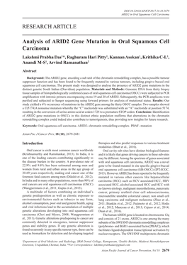 RESEARCH ARTICLE Analysis of ARID2 Gene Mutation in Oral