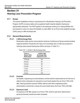 Section 31 – Hearing Loss Prevention Program