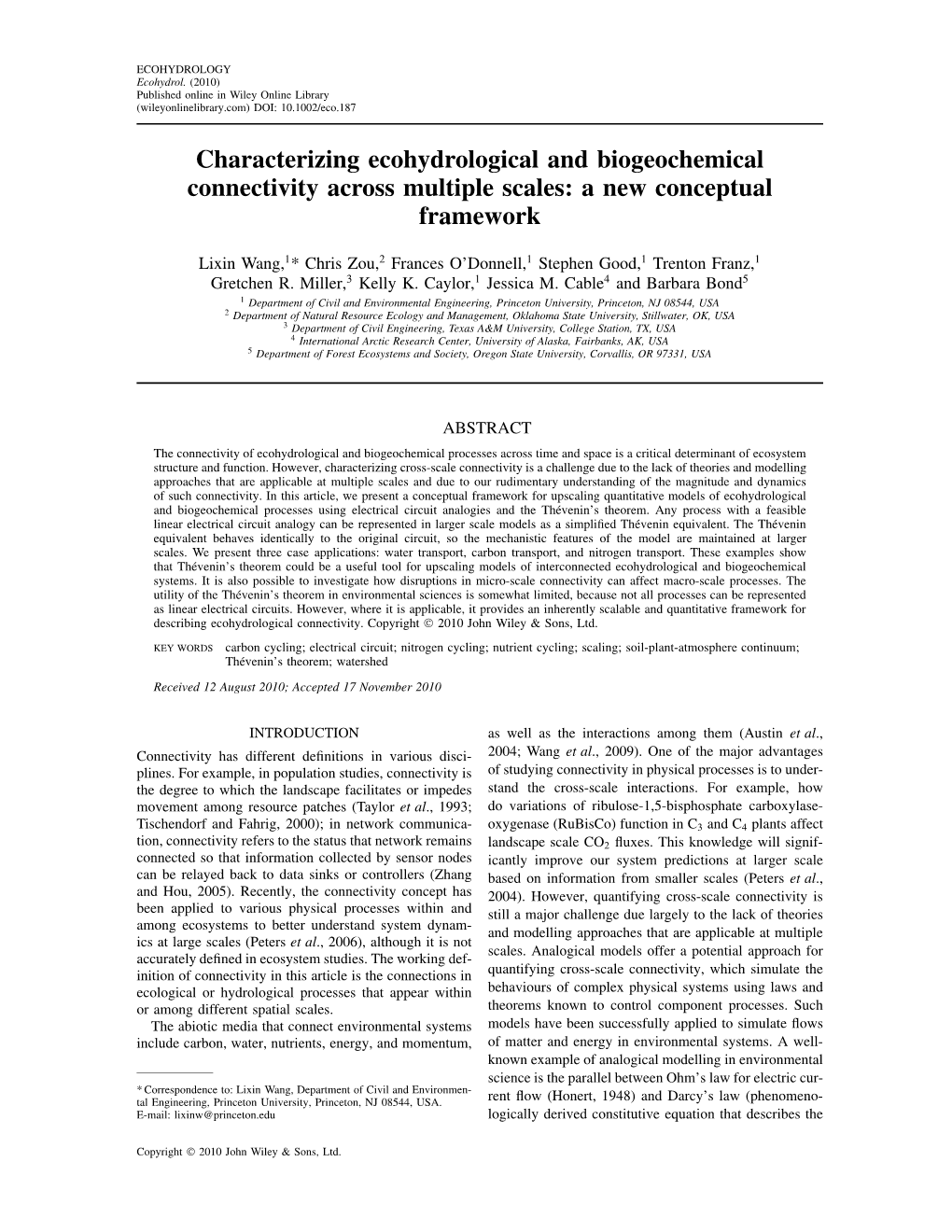 Characterizing Ecohydrological and Biogeochemical Connectivity Across Multiple Scales: a New Conceptual Framework