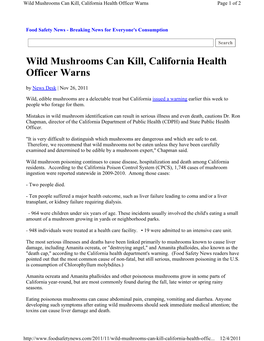 Wild Mushrooms Can Kill, California Health Officer Warns Page 1 of 2