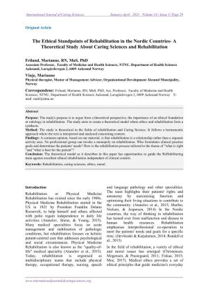 The Ethical Standpoints of Rehabilitation in the Nordic Countries- a Theoretical Study About Caring Sciences and Rehabilitation