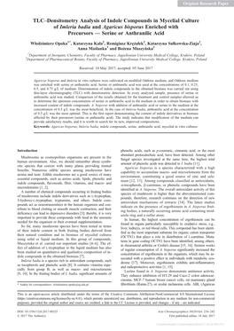 TLC–Densitometry Analysis of Indole Compounds in Mycelial Culture of Imleria Badia and Agaricus Bisporus Enriched with Precursors — Serine Or Anthranilic Acid