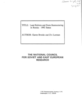 Land Reform and Farm Restructuring in Russia: 1992 Status