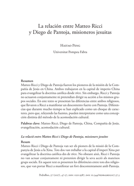 La Relación Entre Matteo Ricci Y Diego De Pantoja, Misioneros Jesuitas