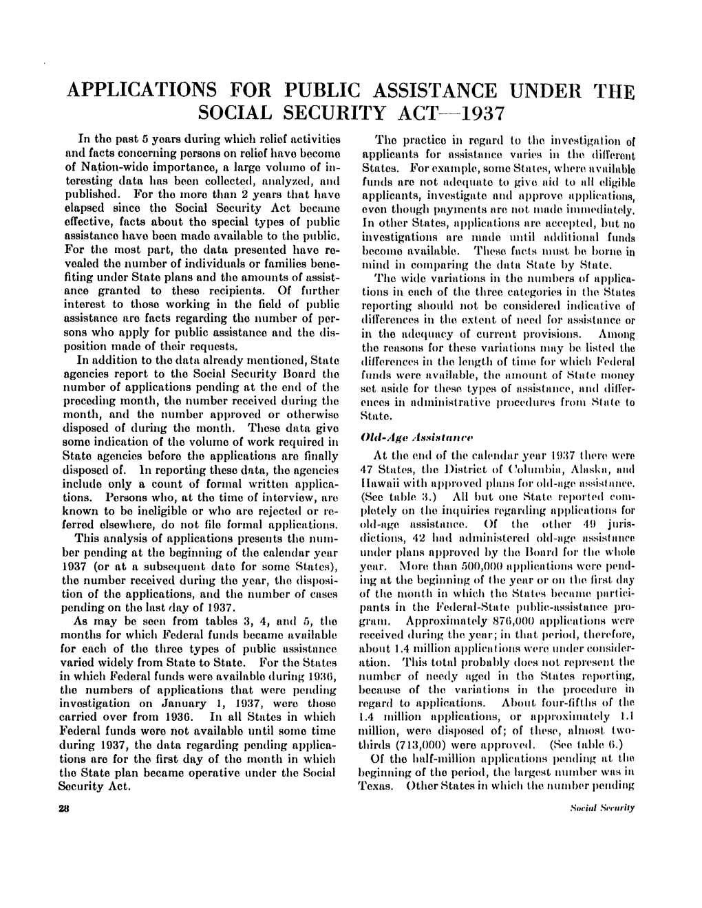 Applications for Public Assistance Under the Social Security Act—1937