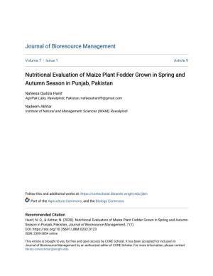 Nutritional Evaluation of Maize Plant Fodder Grown in Spring and Autumn Season in Punjab, Pakistan