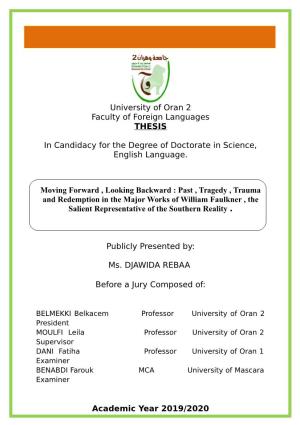 University of Oran 2 Faculty of Foreign Languages THESIS in Candidacy