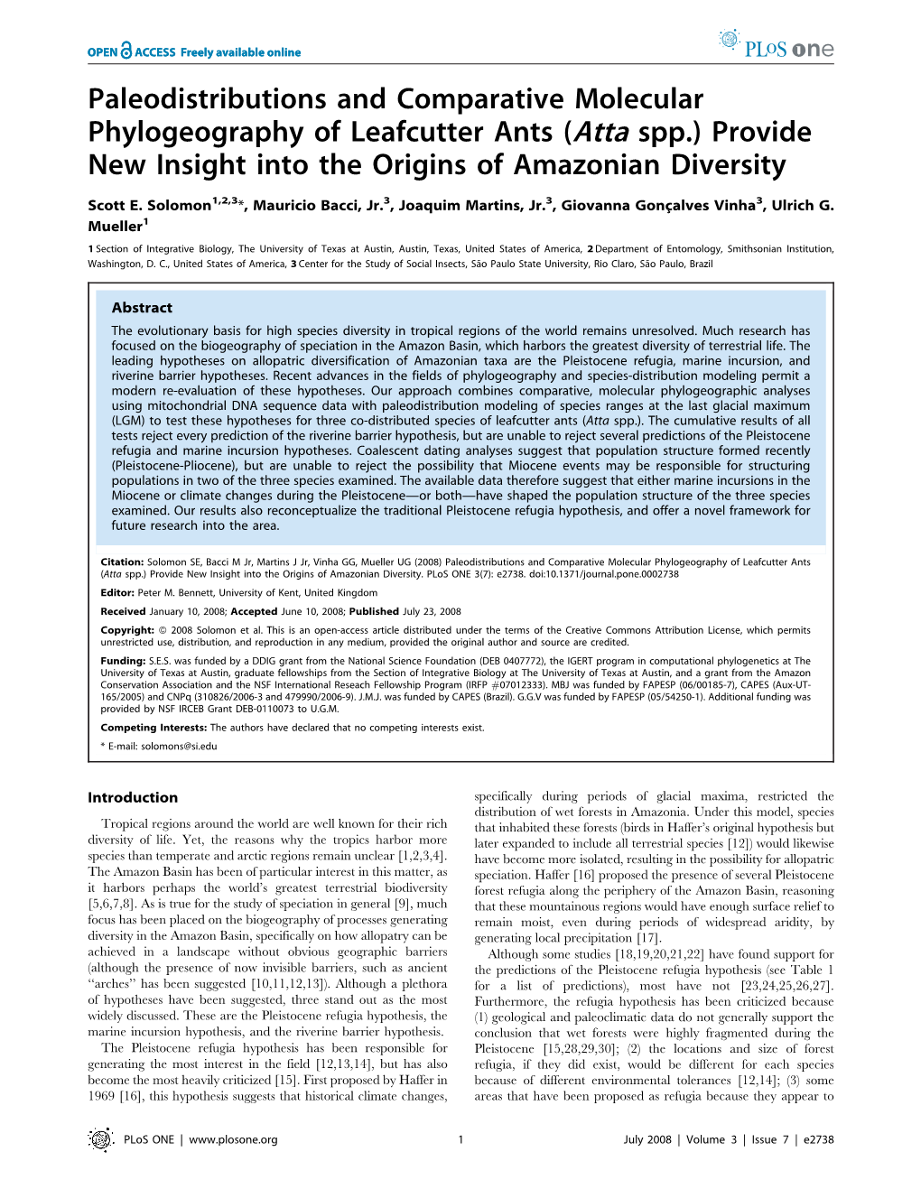 Paleodistributions and Comparative Molecular Phylogeography of Leafcutter Ants (Atta Spp.) Provide New Insight Into the Origins of Amazonian Diversity