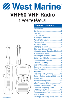 VHF50 VHF Radio Owner’S Manual Table of Contents Introduction