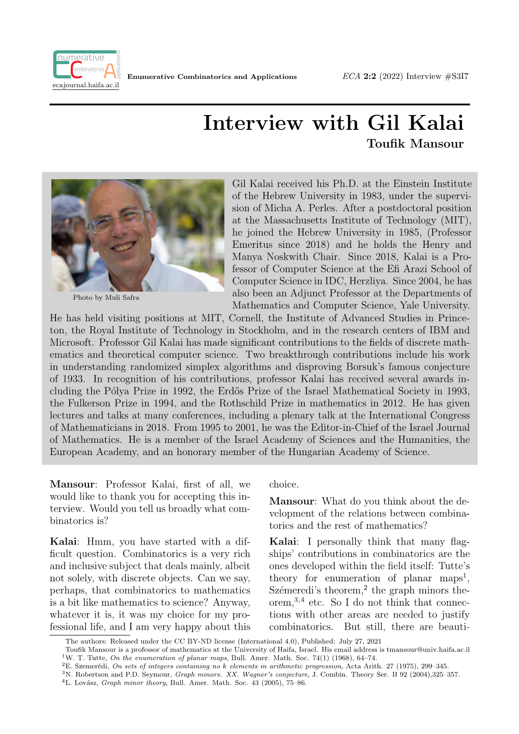 Interview with Gil Kalai Touﬁk Mansour