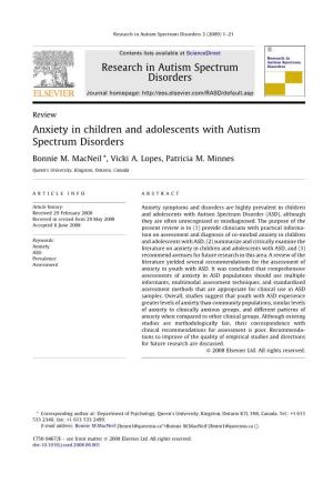 Anxiety in Children and Adolescents with Autism Spectrum Disorders