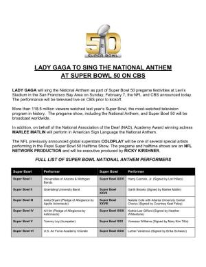 Lady Gaga to Sing the National Anthem at Super Bowl 50 on Cbs