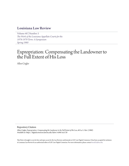 Expropriation: Compensating the Landowner to the Full Extent of His Loss Allen Crigler