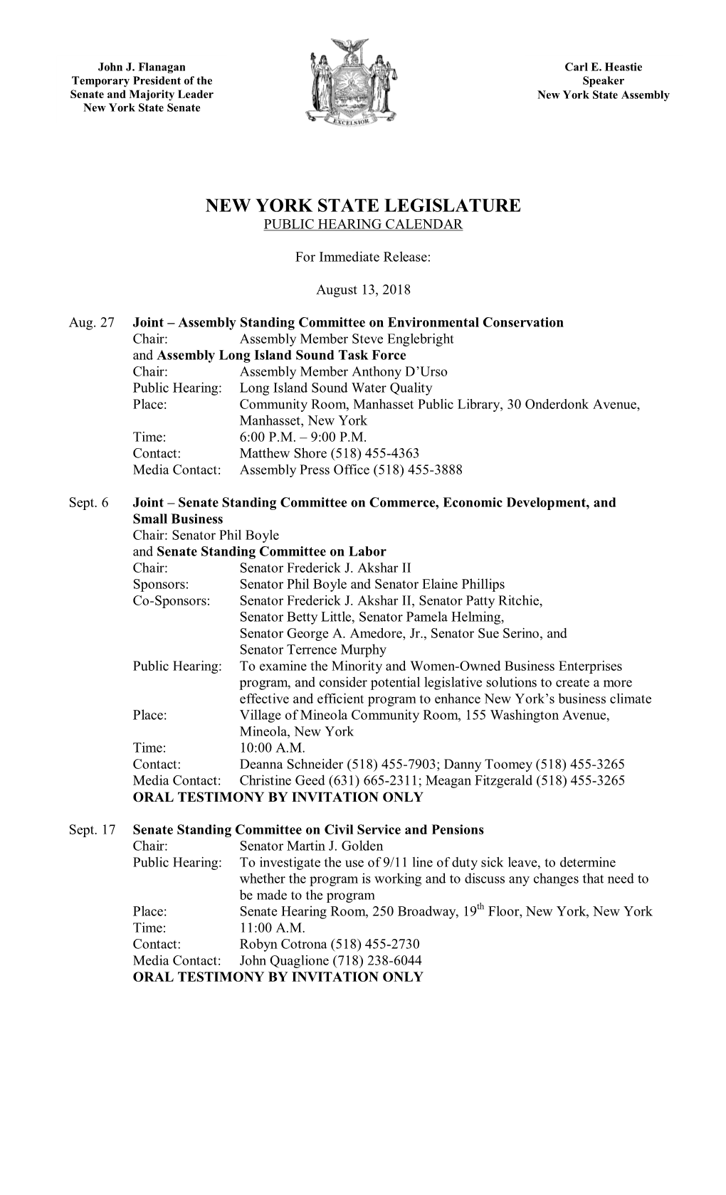 New York State Legislature Public Hearing Calendar