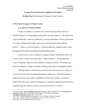 Laura Quilter Tech Writing Seminar Fall 2001 Trespass to Chattel Doctrine Applied to Cyberspace