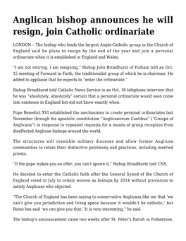 Anglican Bishop Announces He Will Resign, Join Catholic Ordinariate