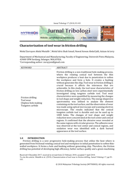 Characterization of Tool Wear in Friction Drilling