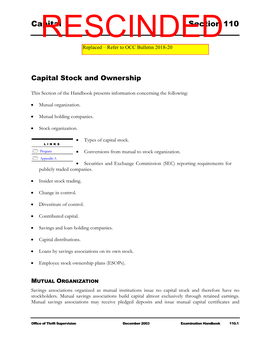 Examination Handbook 110, Capital Stock and Ownership