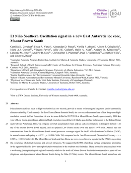 El Niño Southern Oscillation Signal in a New East Antarctic Ice Core, Mount Brown South