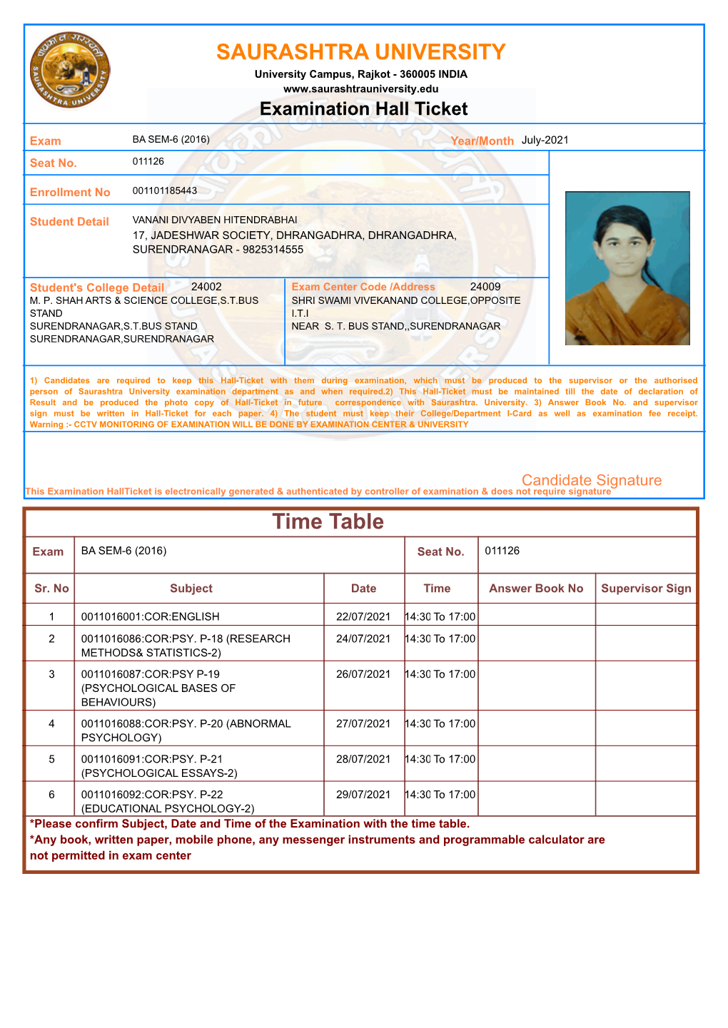 SAURASHTRA UNIVERSITY Time Table