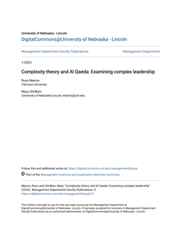 Complexity Theory and Al Qaeda: Examining Complex Leadership
