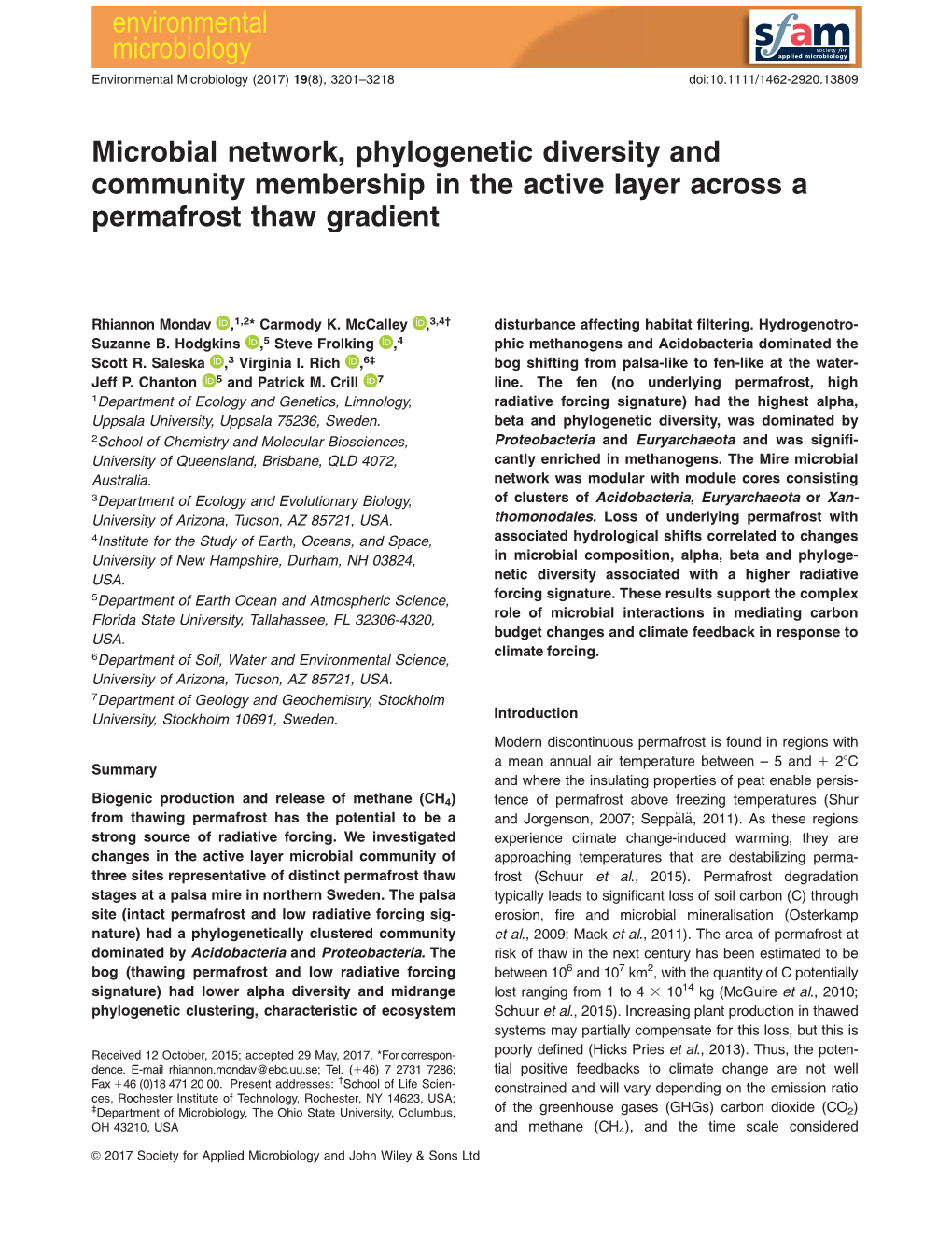 Microbial Network, Phylogenetic Diversity and Community Membership in the Active Layer Across a Permafrost Thaw Gradient