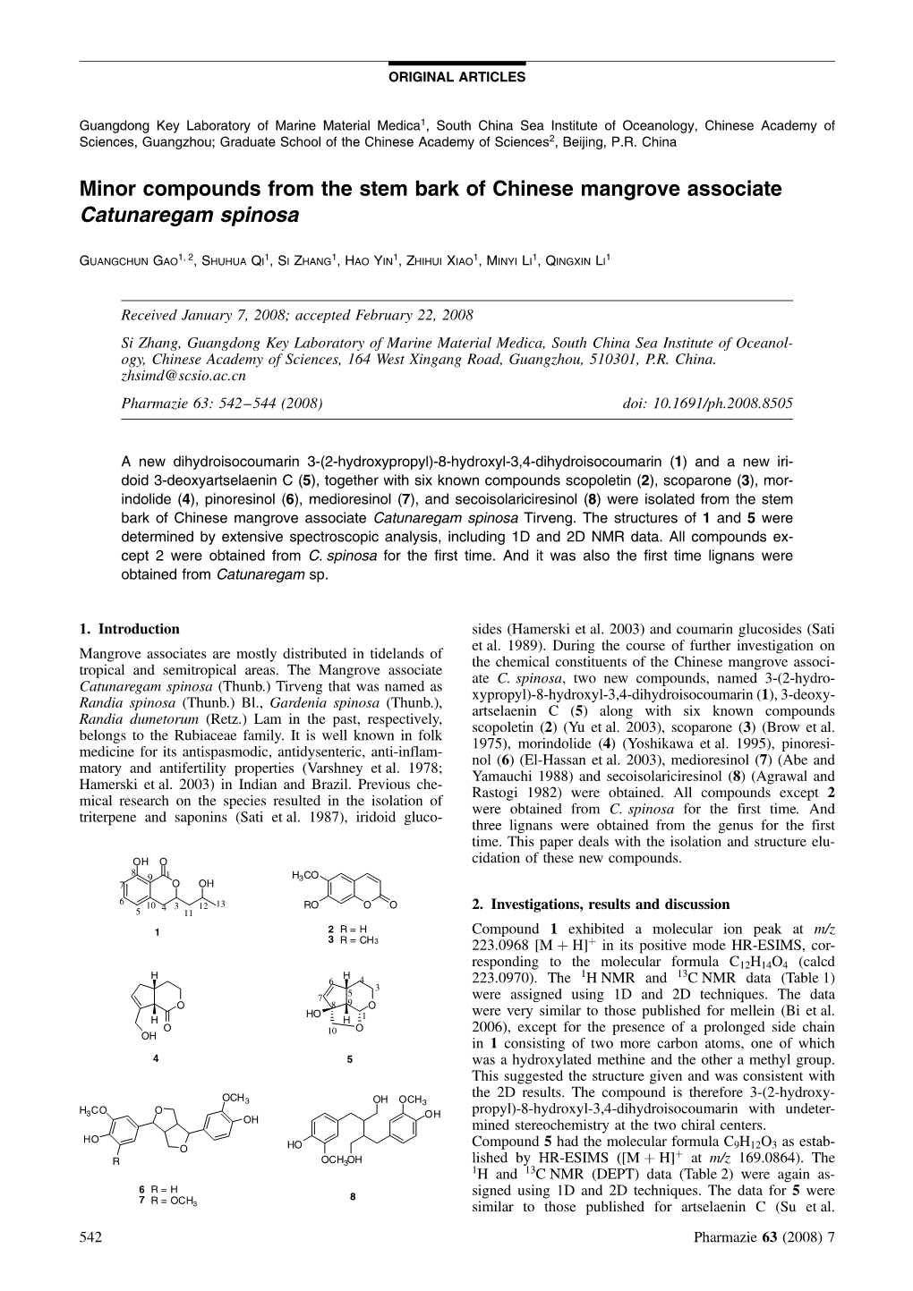 Minor Compounds from the Stem Bark of Chinese Mangrove Associate Catunaregam Spinosa